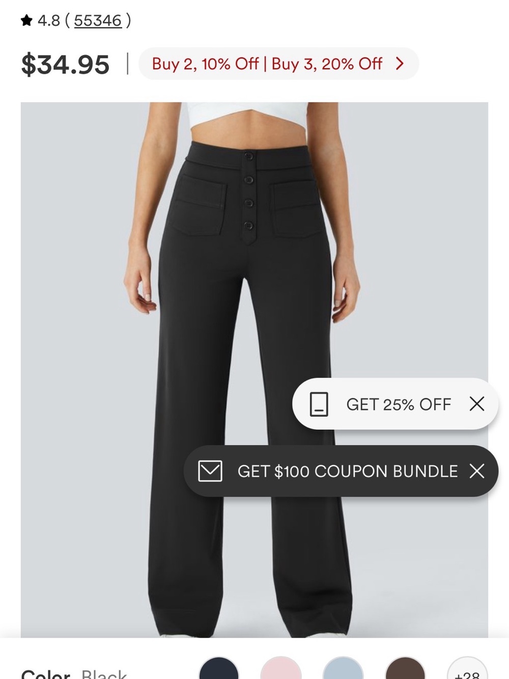 HALARA Black High-Rise Wide-Leg Pants with Button-Front and Patch Pockets